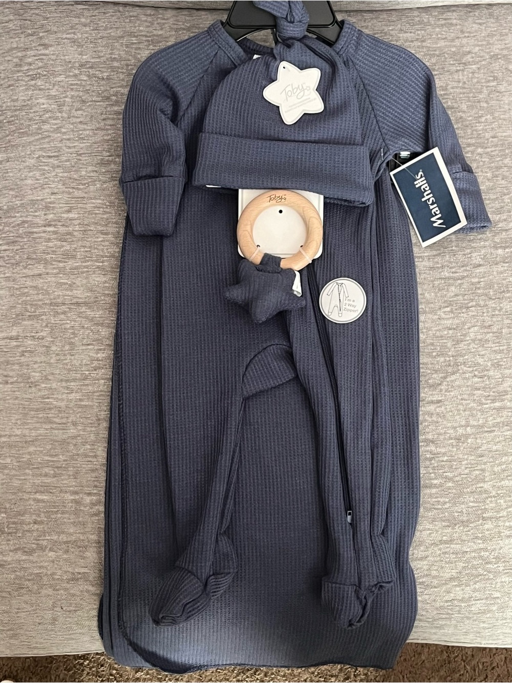 Toby Navy Blue Waffle-Knit Footed Loungewear Blanket, Hat & Rattle 4 Piece Set